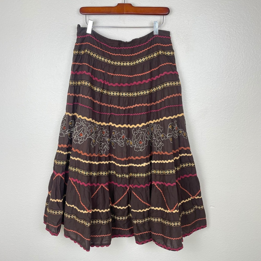 Vintage Y2K 90s Womens Skirt Sz L Peasant Embroidered‎ Tiered Southwestern Fairy
